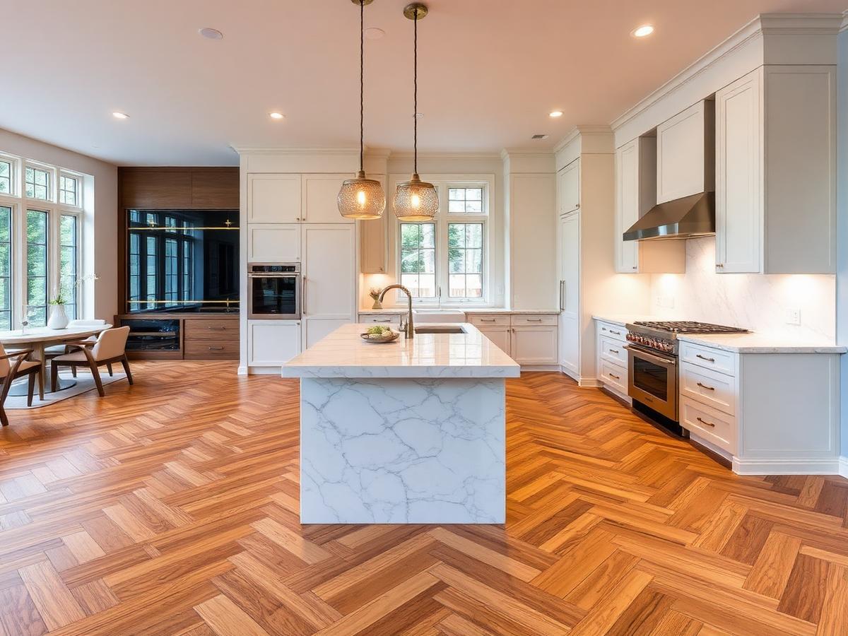 Herringbone hardwood in modern kitchen