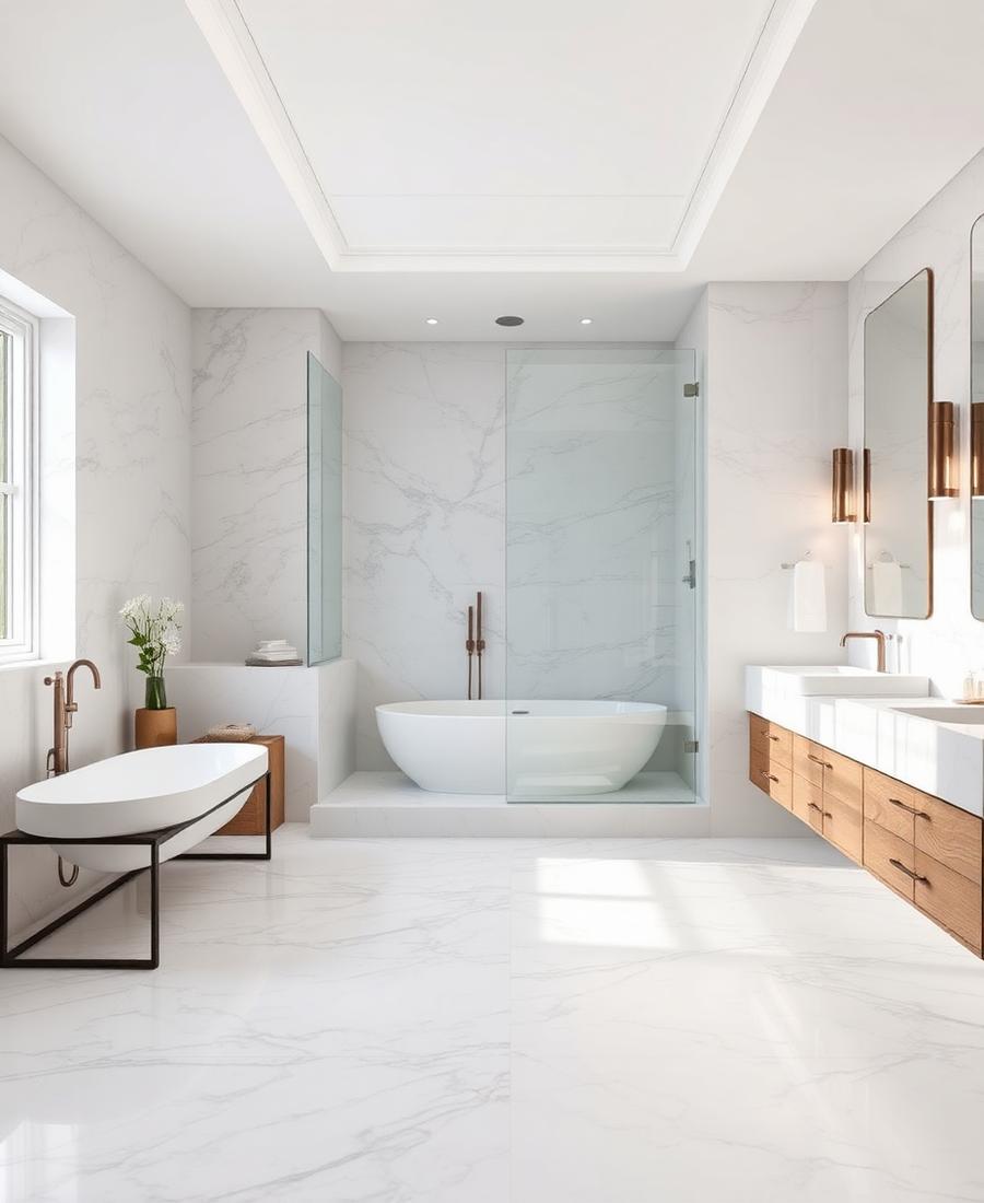 Marble tile flooring in luxury bathroom