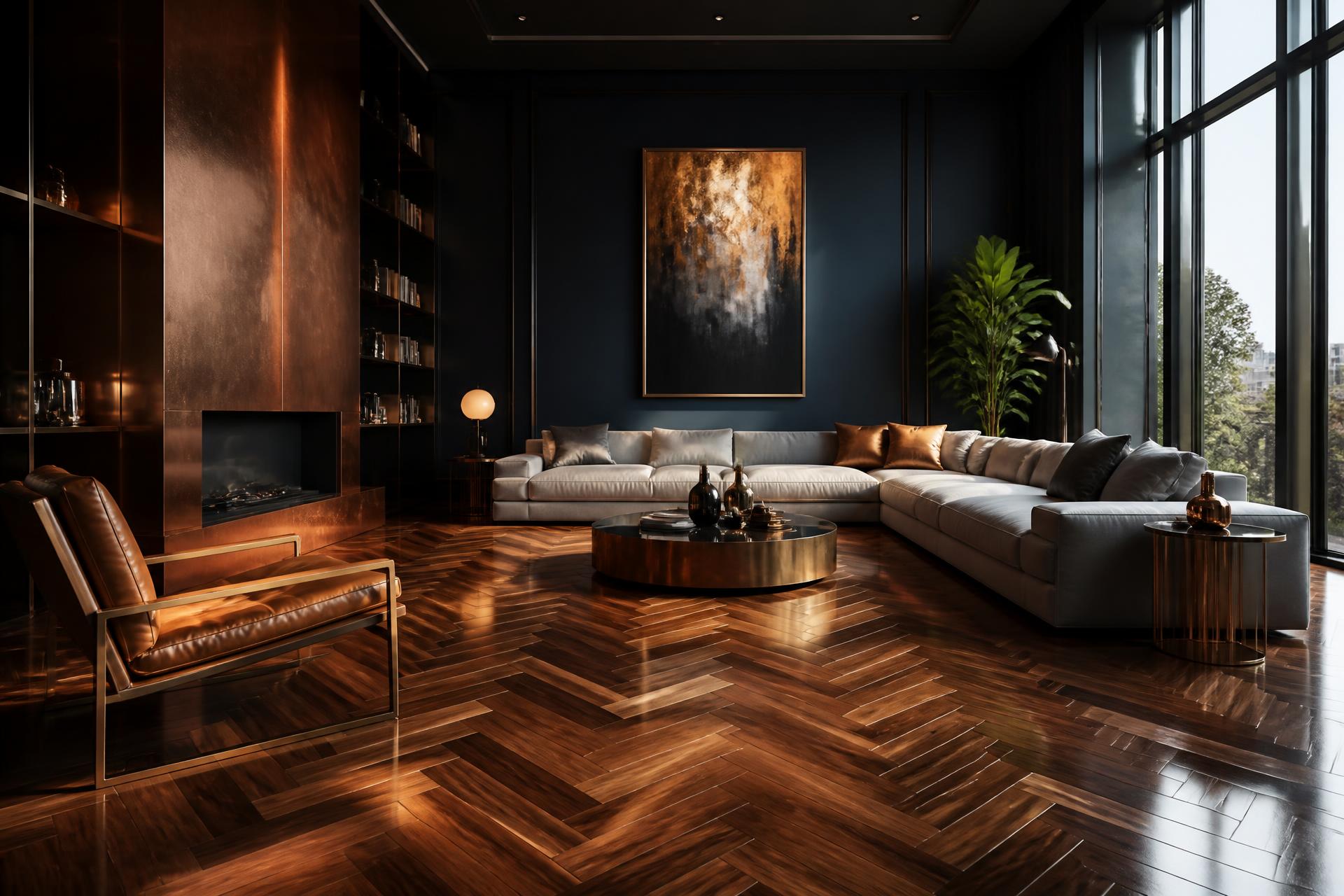 Luxurious herringbone hardwood floor in modern living room